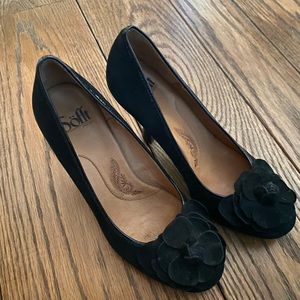 Sofft black suede heels with a flower detail on the foot